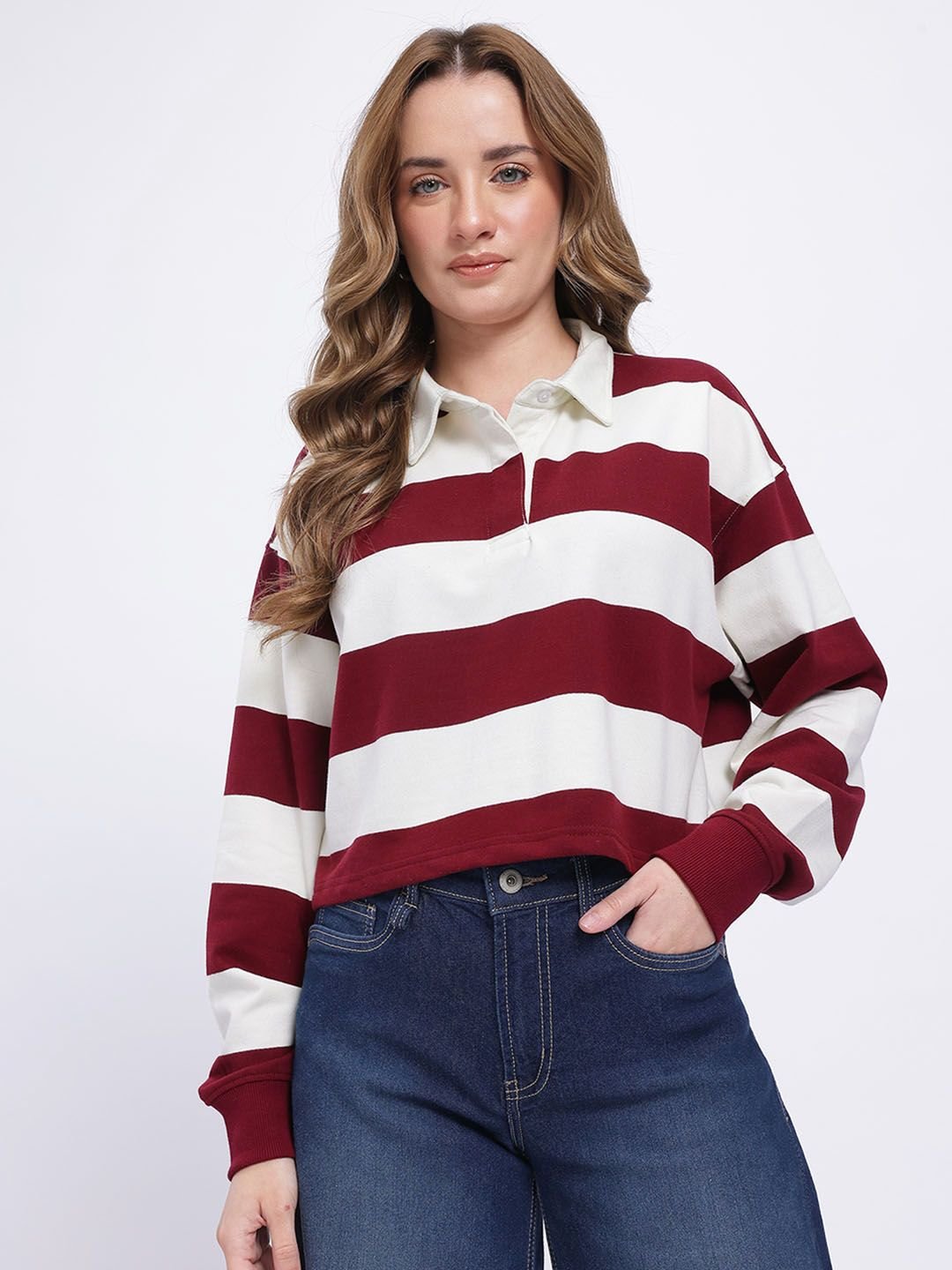 Striped Shirt Collar Drop Shoulder Sleeves Oversized Crop Pullover - Image 2