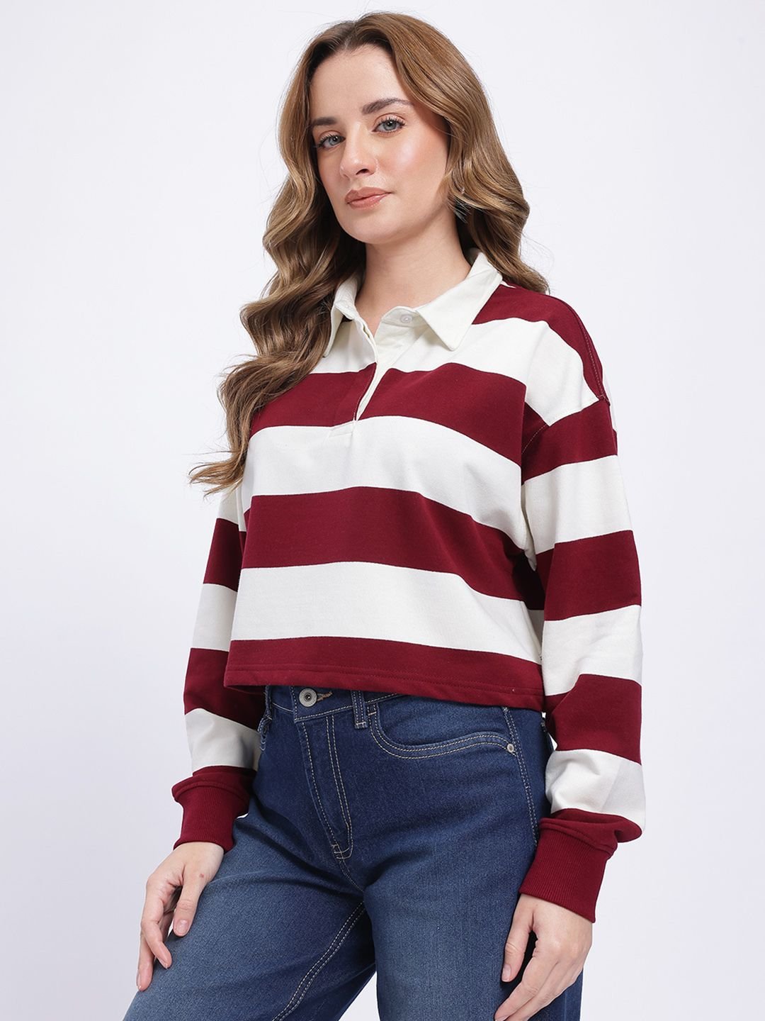 Striped Shirt Collar Drop Shoulder Sleeves Oversized Crop Pullover - Image 4