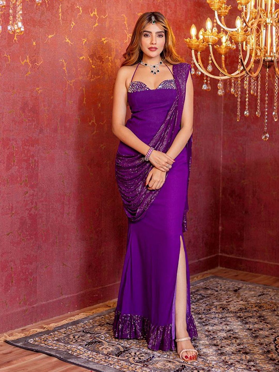 Naaz Embellished Mirror Work Georgette Pre Draped Saree