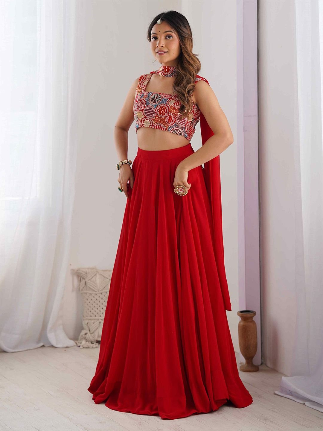 Anouk Rustic Embroidered Thread Work Ready to Wear Lehenga With Blouse And Dupatta