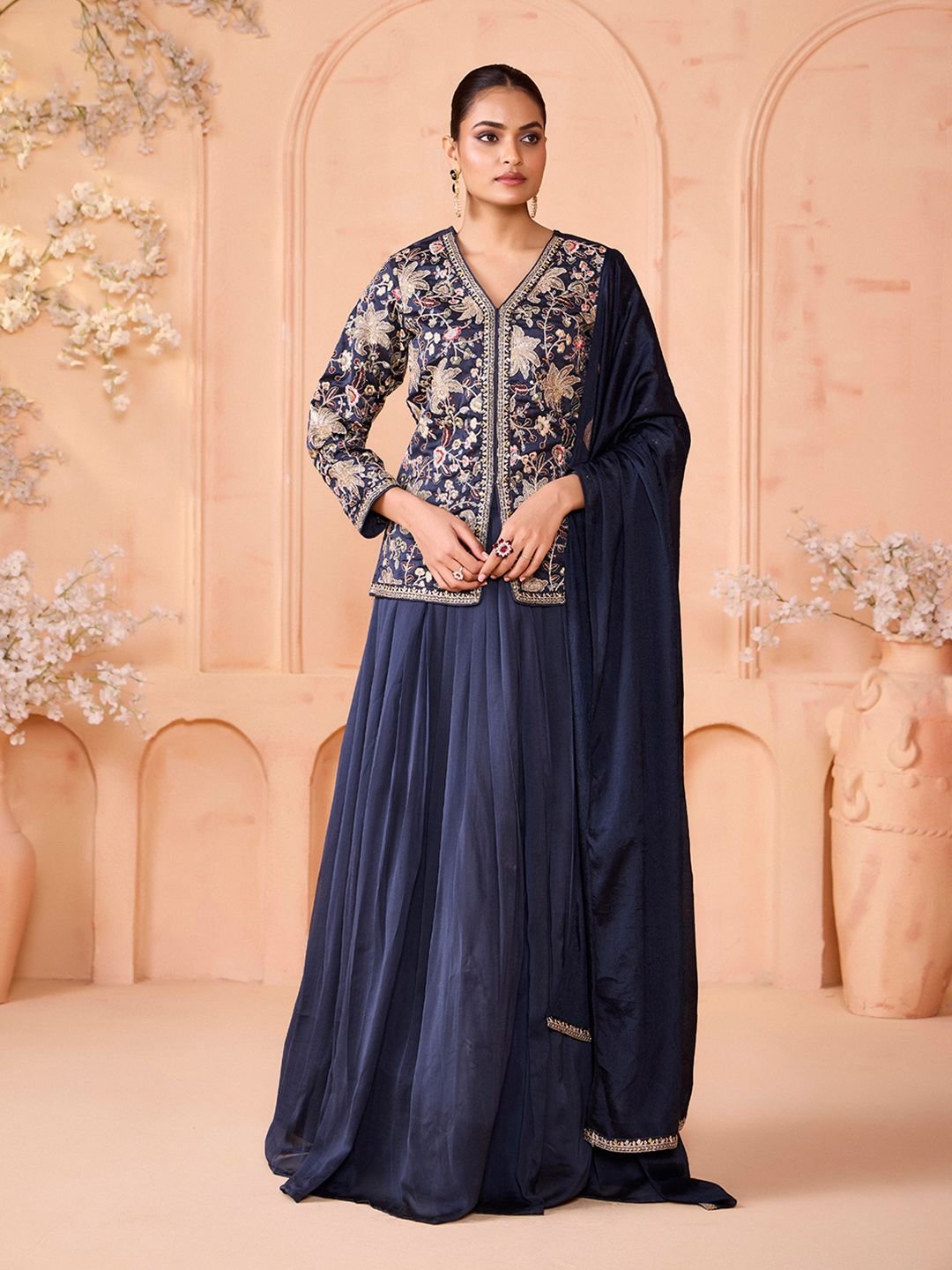 MADHURAM Embroidered Sequinned Silk Ready To Wear Lehenga With Blouse & Dupatta