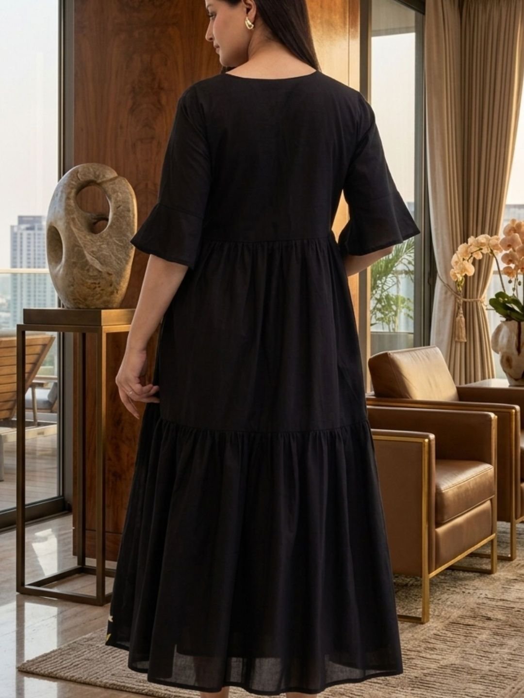 Social geek Botanical Embroidered V-Neck Pure Silk Tiered Dress - Image 4