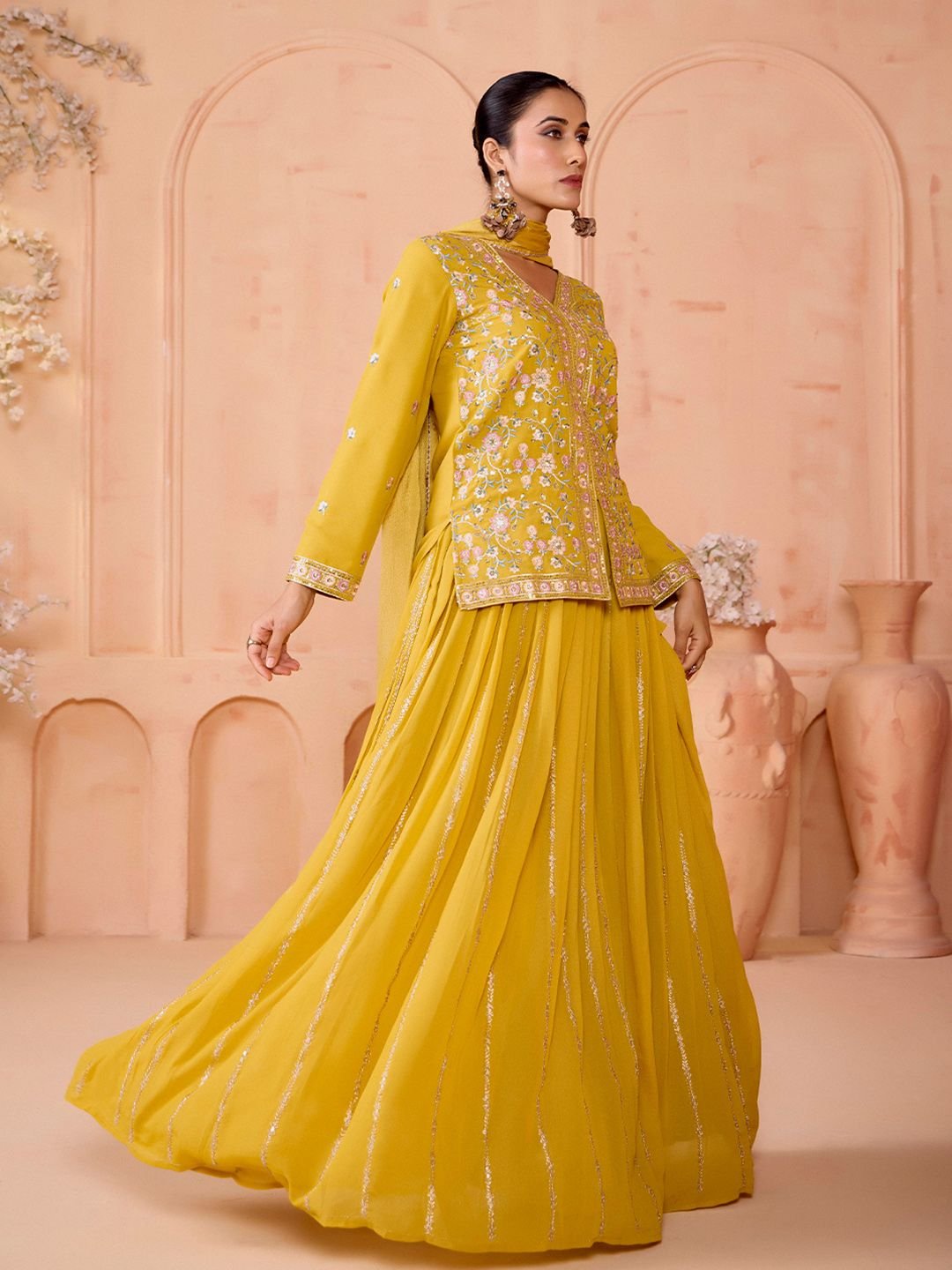 Embroidered Thread Work Ready To Wear Lehenga With Blouse & Dupatta - Image 3