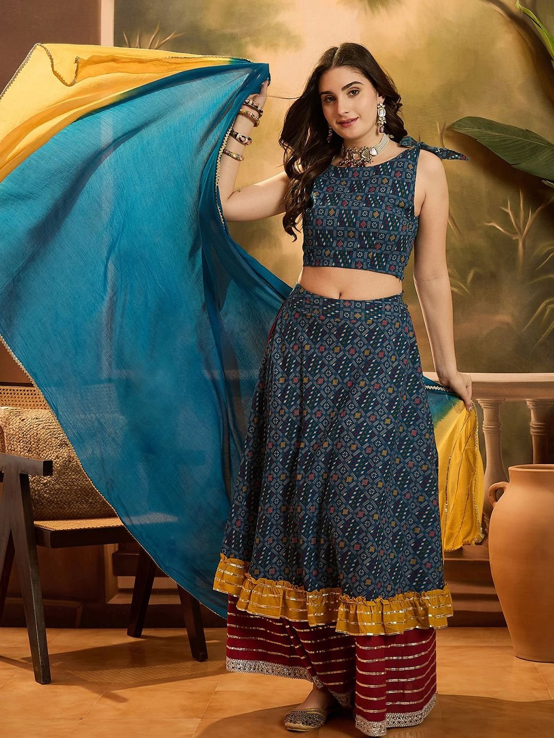 Sangria Printed Ready To Wear Lehenga & Blouse With Dupatta