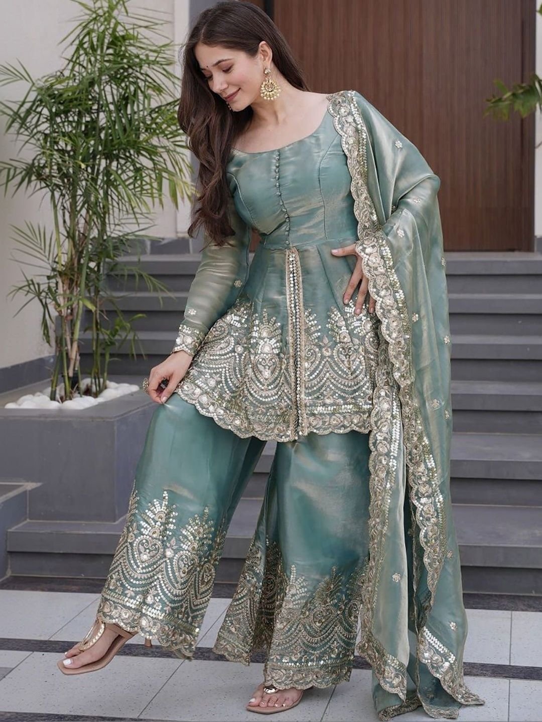 SAVALIYA CREATION Ethnic Motifs Embroidered Boat Neck Sequinned Sequinned Empire Kurti - Image 3