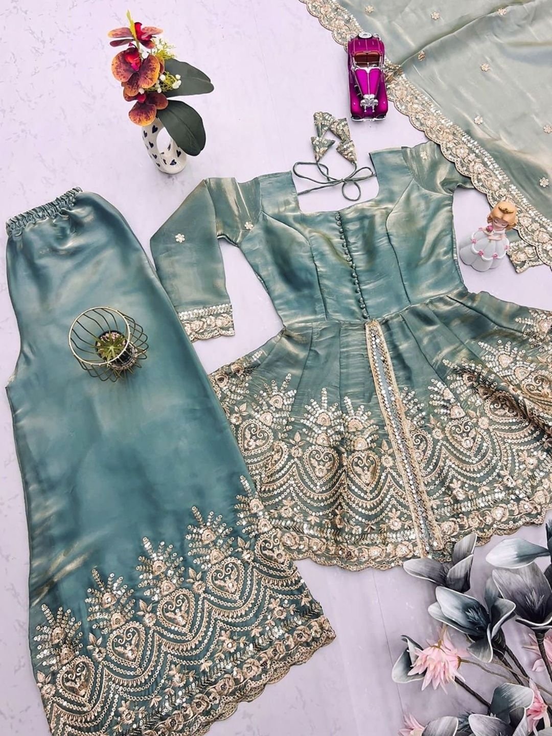 SAVALIYA CREATION Ethnic Motifs Embroidered Boat Neck Sequinned Sequinned Empire Kurti - Image 4