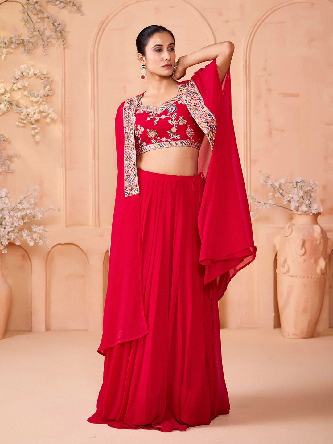 Embroidered Sequinned Ready To Wear Lehenga With Choli & Shrug