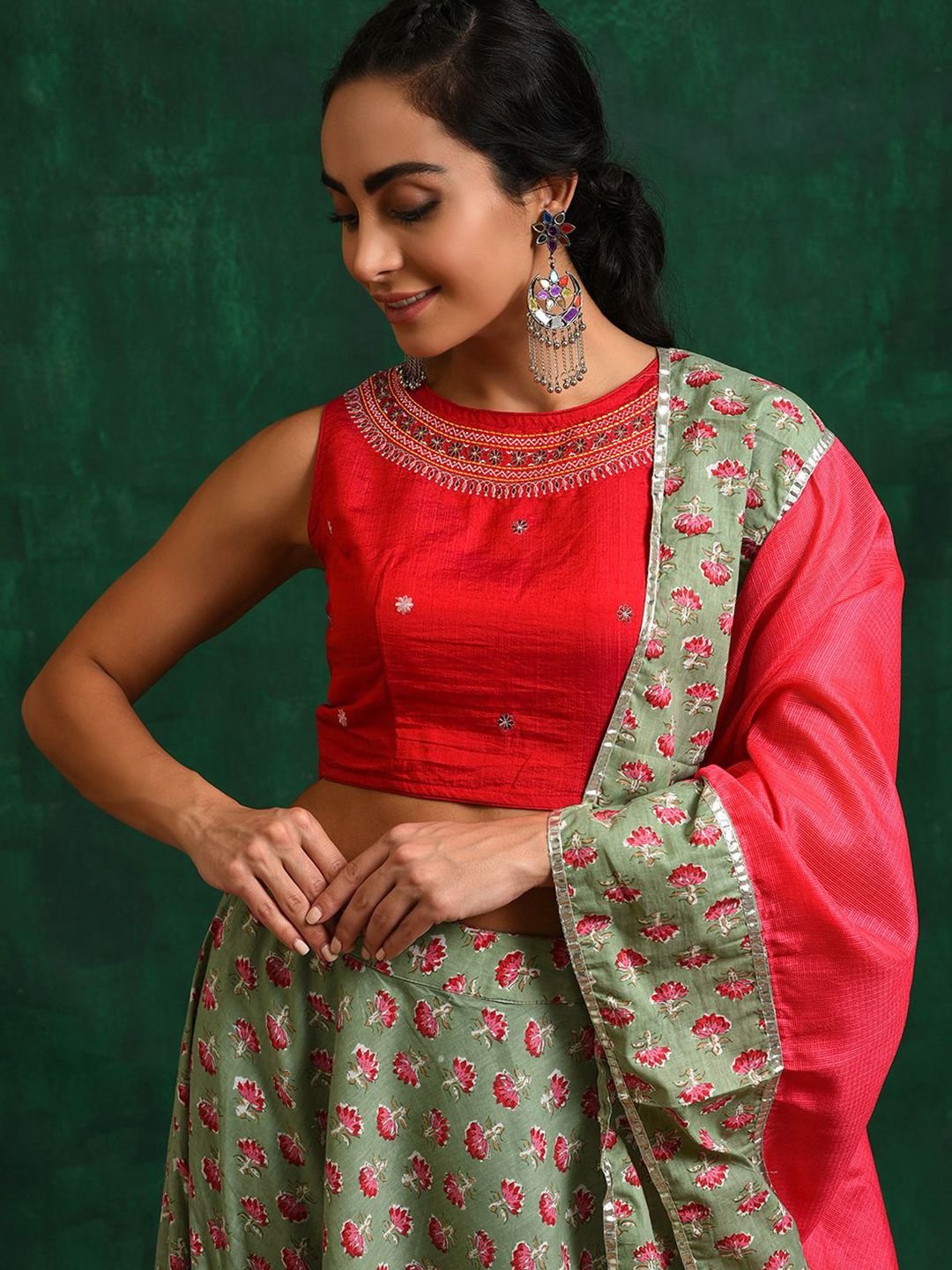Sangria Sea Green Embroidered Thread Work Silk Ready to Wear Lehenga With Blouse & Dupatta - Image 2