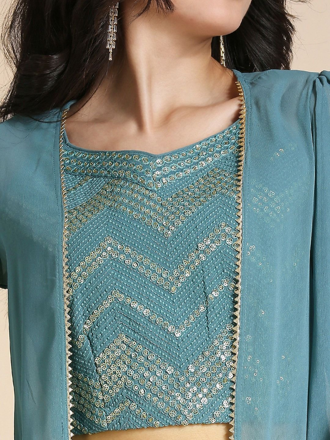MADHURAM Teal & Gold-Toned Embellished Ready to Wear Lehenga Choli with Jacket - Image 2
