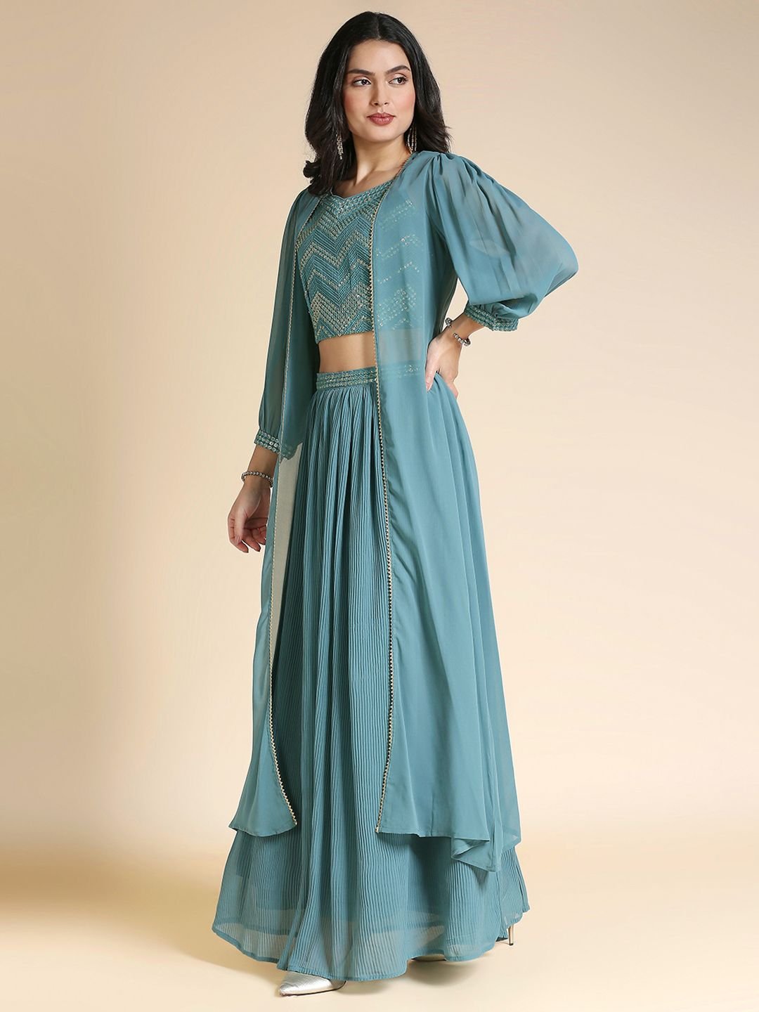 MADHURAM Teal & Gold-Toned Embellished Ready to Wear Lehenga Choli with Jacket - Image 3