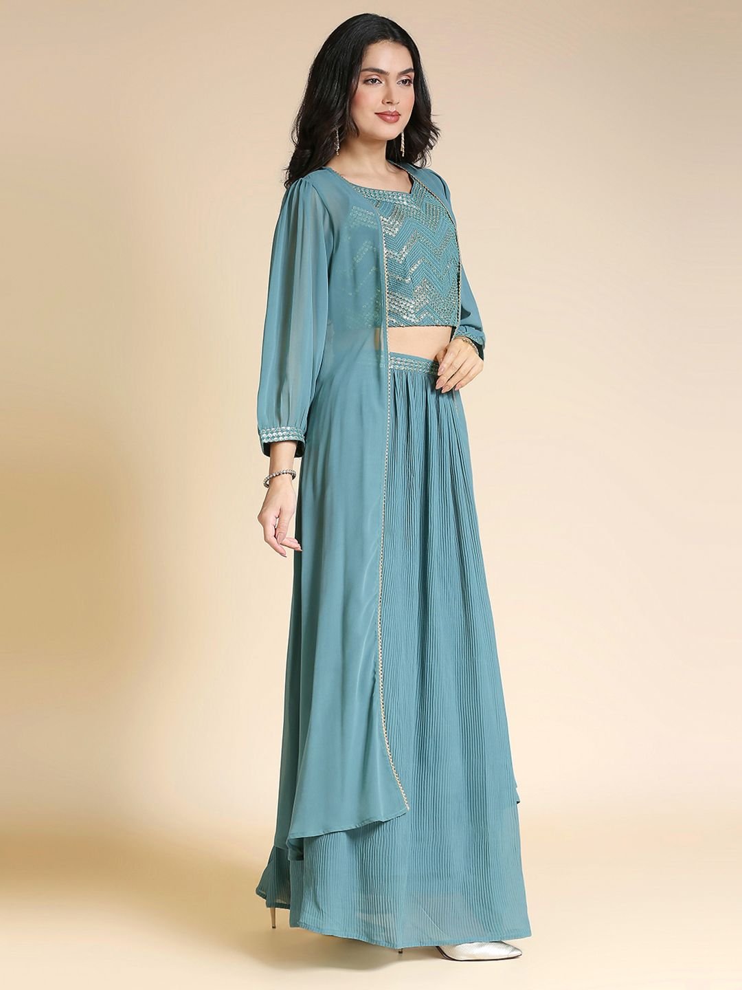 MADHURAM Teal & Gold-Toned Embellished Ready to Wear Lehenga Choli with Jacket - Image 4