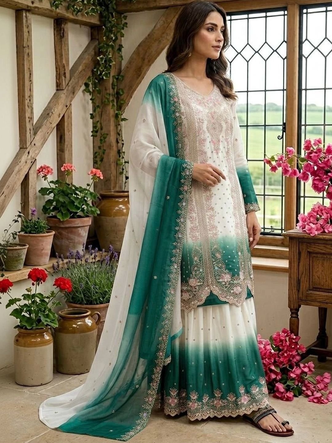 Ethnic Motifs Embellished V-Neck Pure Georgette Blend Kurti