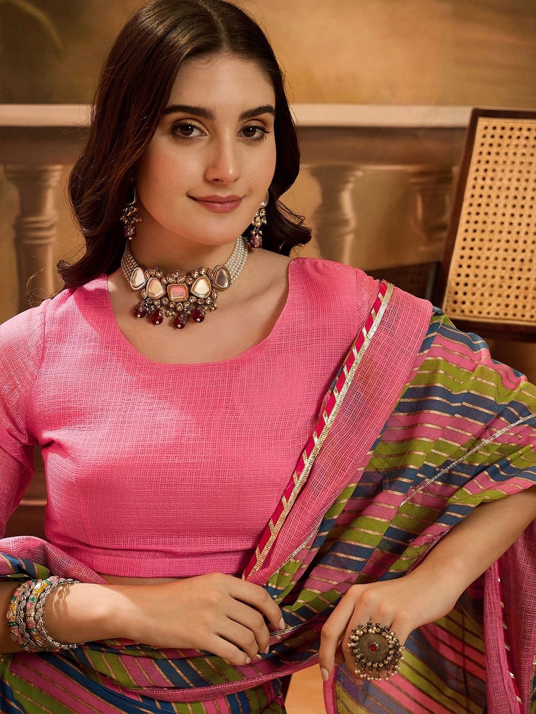 Sangria Round Neck Leheriya Printed Pure Cotton Lehenga And Choli With Dupatta - Image 2
