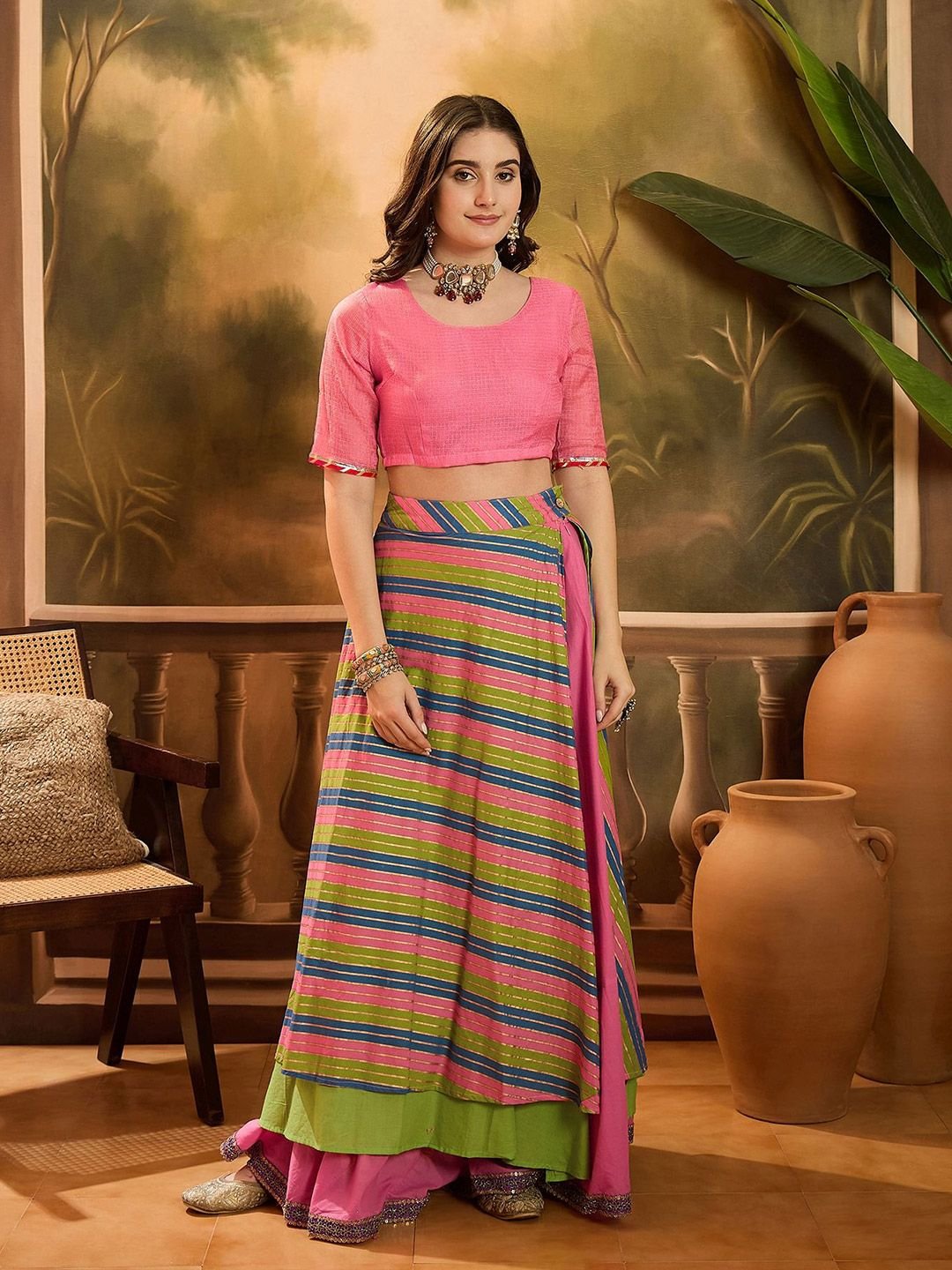 Sangria Round Neck Leheriya Printed Pure Cotton Lehenga And Choli With Dupatta - Image 4