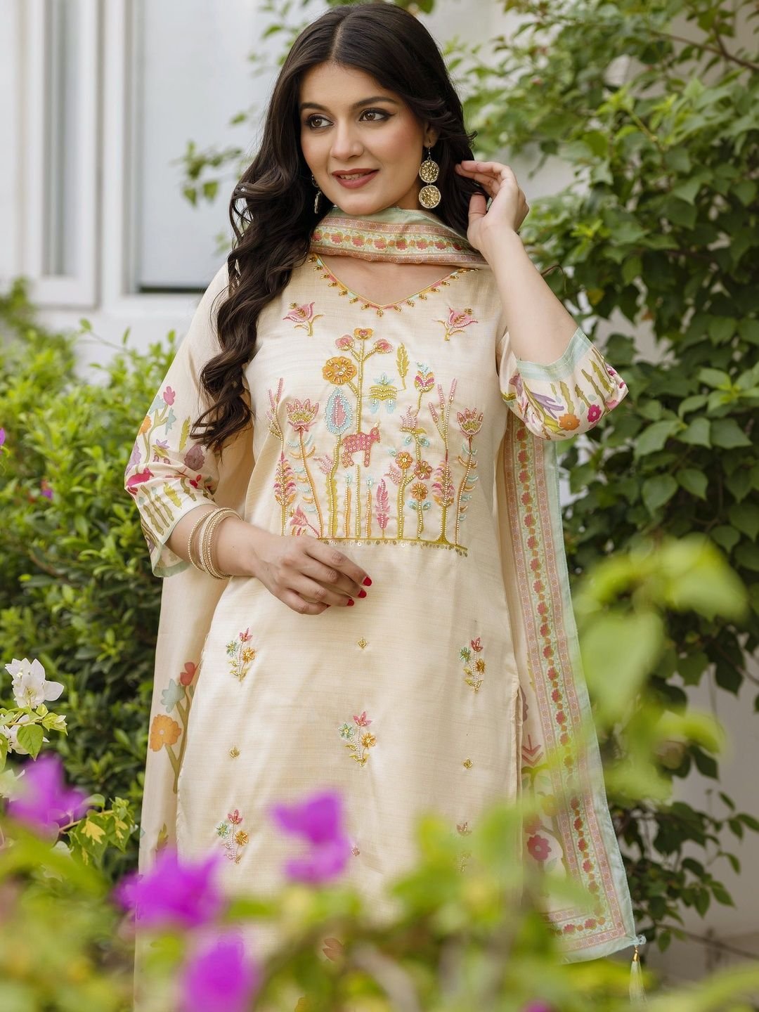 SAVALIYA CREATION Botanical Embroidered V-Neck Kurti - Image 2