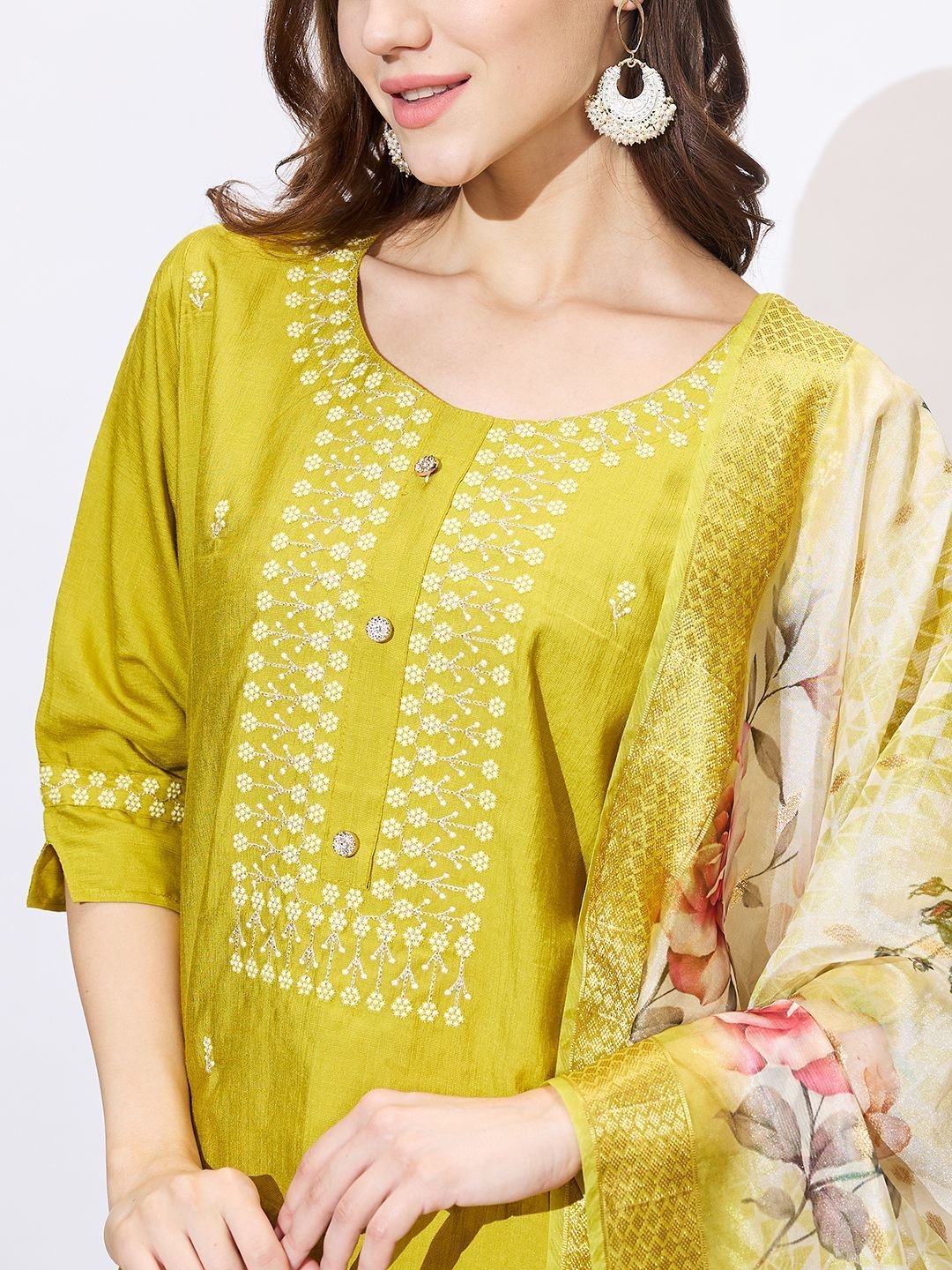 Floral Embroidered Thread Work Pure Cotton Dobby Thread Work Kurti - Image 2
