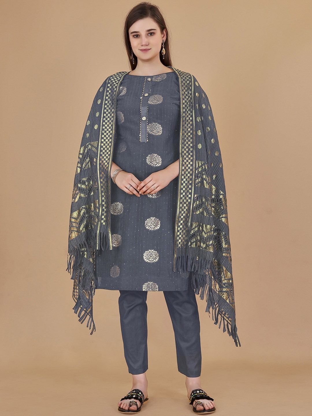HERE&NOW Floral Woven Design Sequinned Unstitched Dress Material