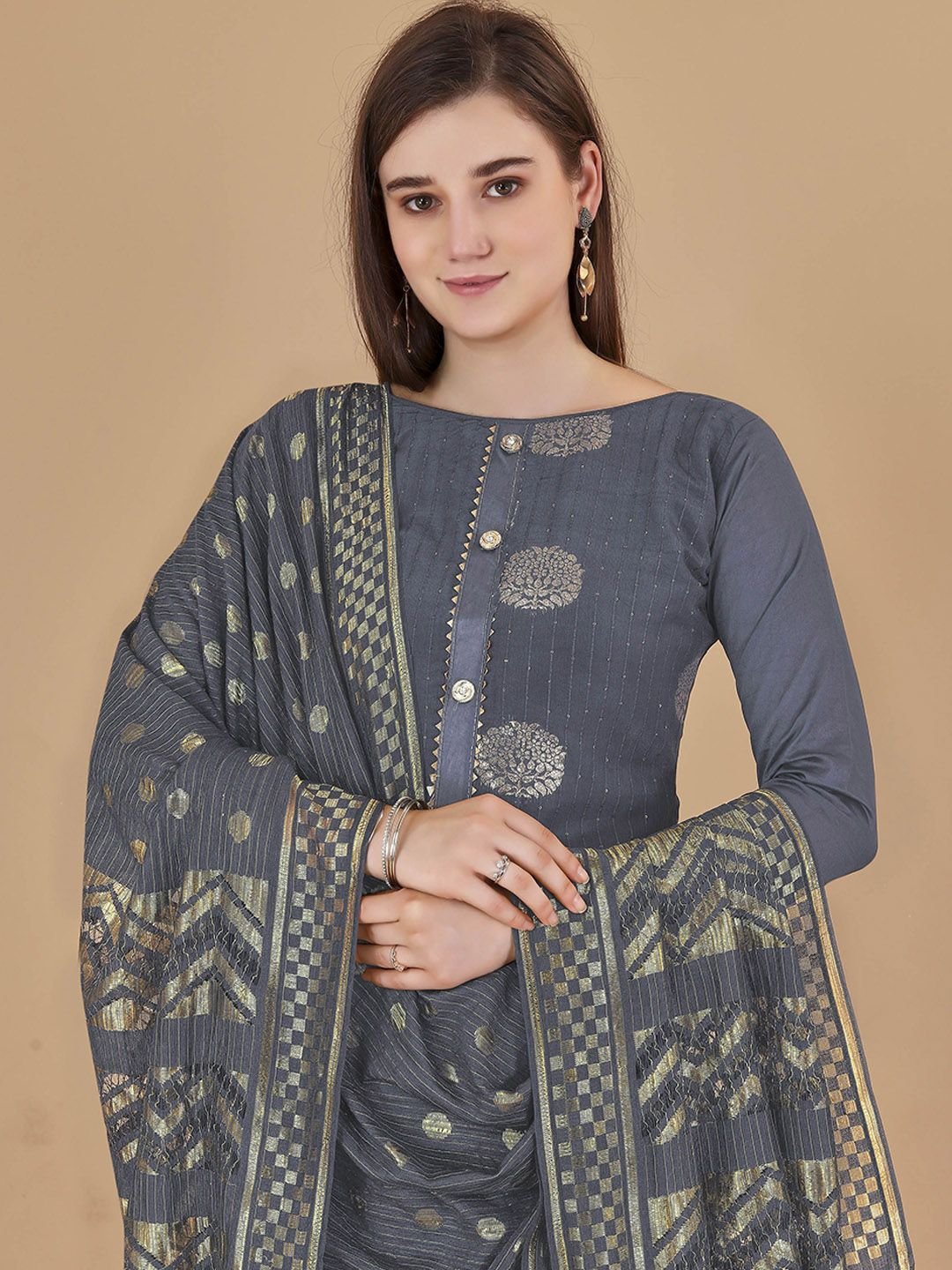 HERE&NOW Floral Woven Design Sequinned Unstitched Dress Material - Image 2