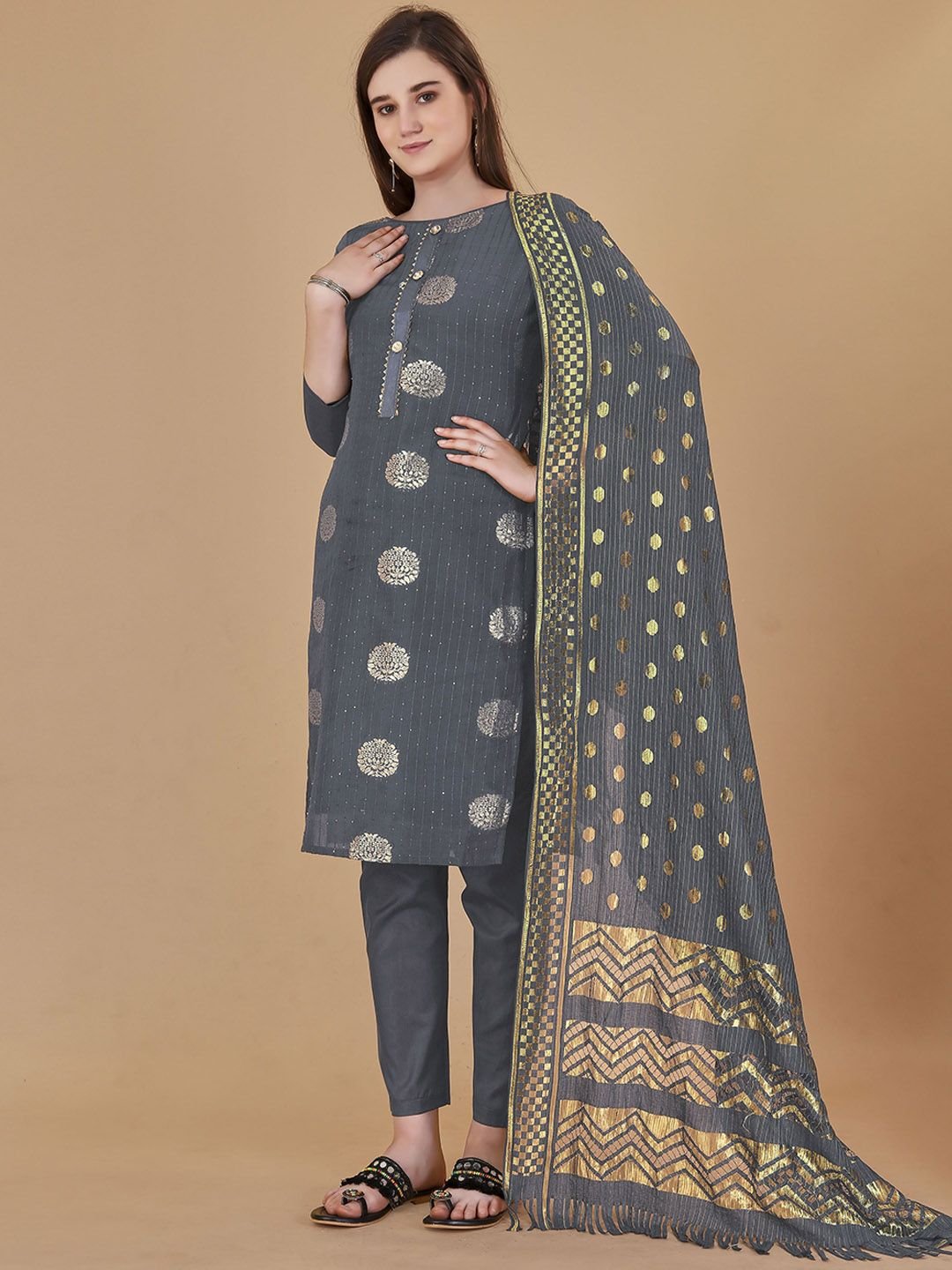 HERE&NOW Floral Woven Design Sequinned Unstitched Dress Material - Image 4