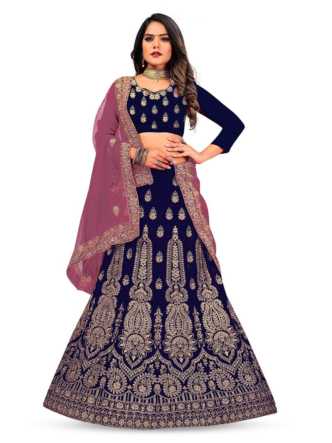 MANVAA Embroidered Beads and Stones Semi-Stitched Lehenga & Unstitched Blouse With Dupatta