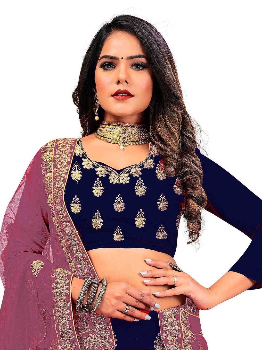 MANVAA Embroidered Beads and Stones Semi-Stitched Lehenga & Unstitched Blouse With Dupatta - Image 2