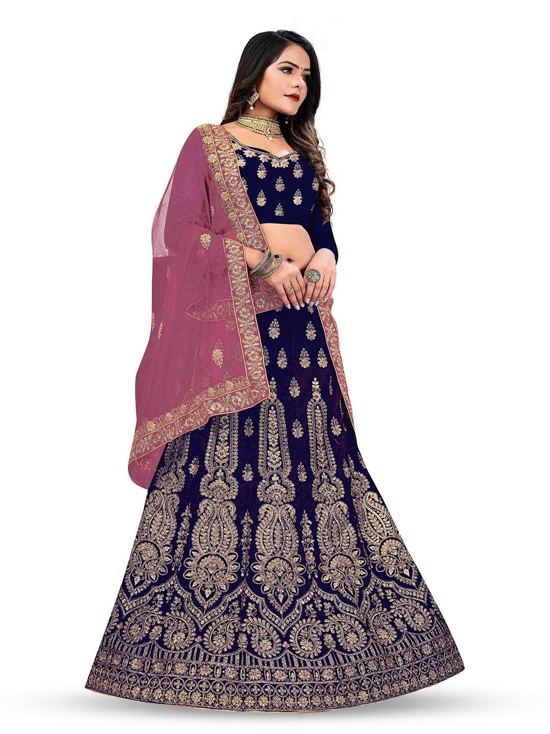 MANVAA Embroidered Beads and Stones Semi-Stitched Lehenga & Unstitched Blouse With Dupatta - Image 3