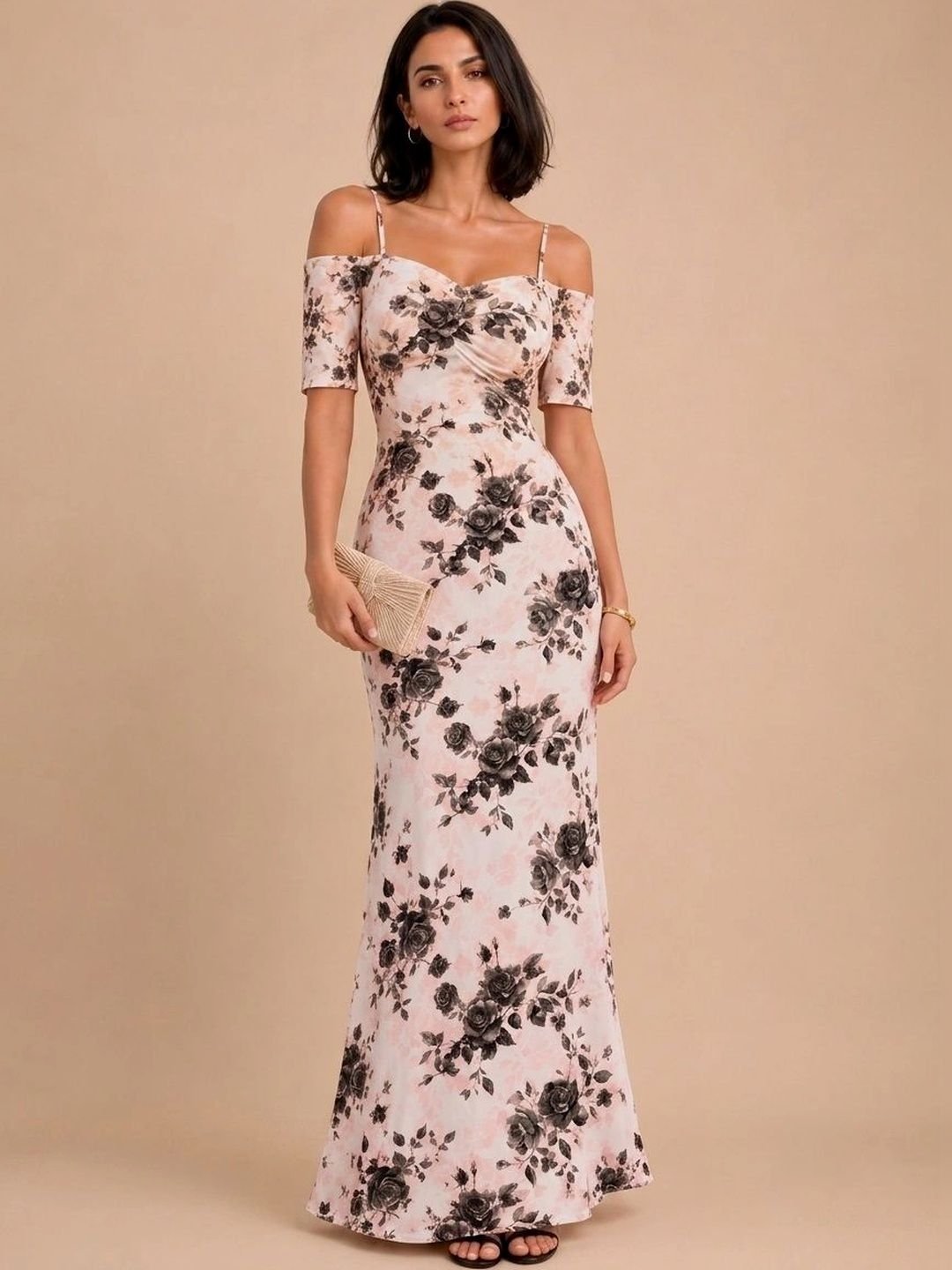 Kadambarie Floral Print Cold-Shoulder Ruffled Bodycon Maxi Dress
