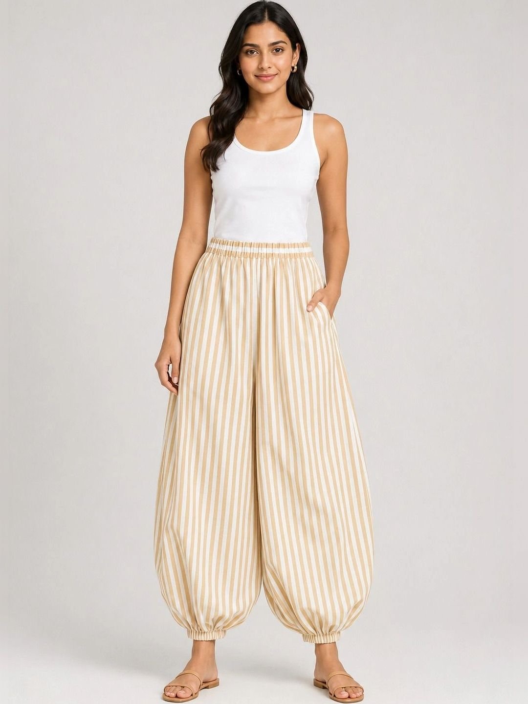HERE&NOW Women Striped Relaxed High-Rise Trousers