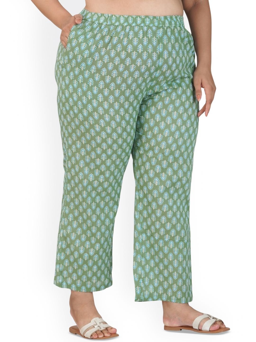 30 Looks Women Dark Sea Green Plus Size Cotton Printed Bottom - Image 2