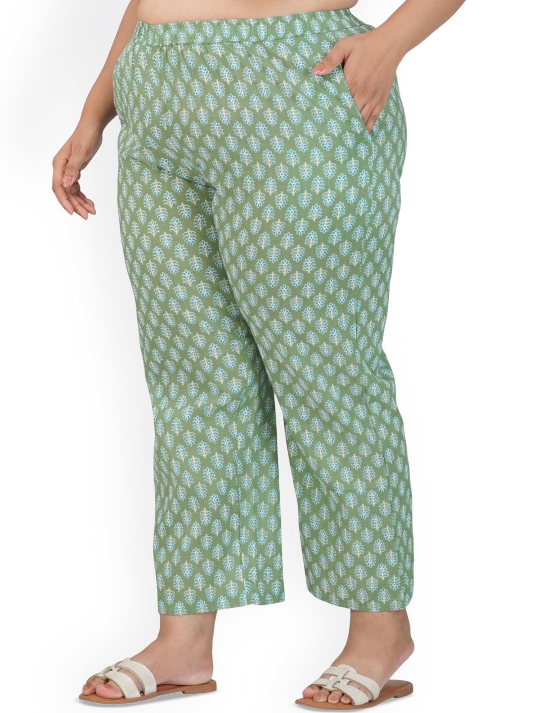30 Looks Women Dark Sea Green Plus Size Cotton Printed Bottom - Image 3