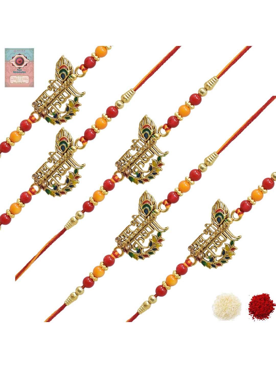 MEIRA JEWELLERY Set Of 5 Designer Rakhis With Greeting Card & Roli Chawal