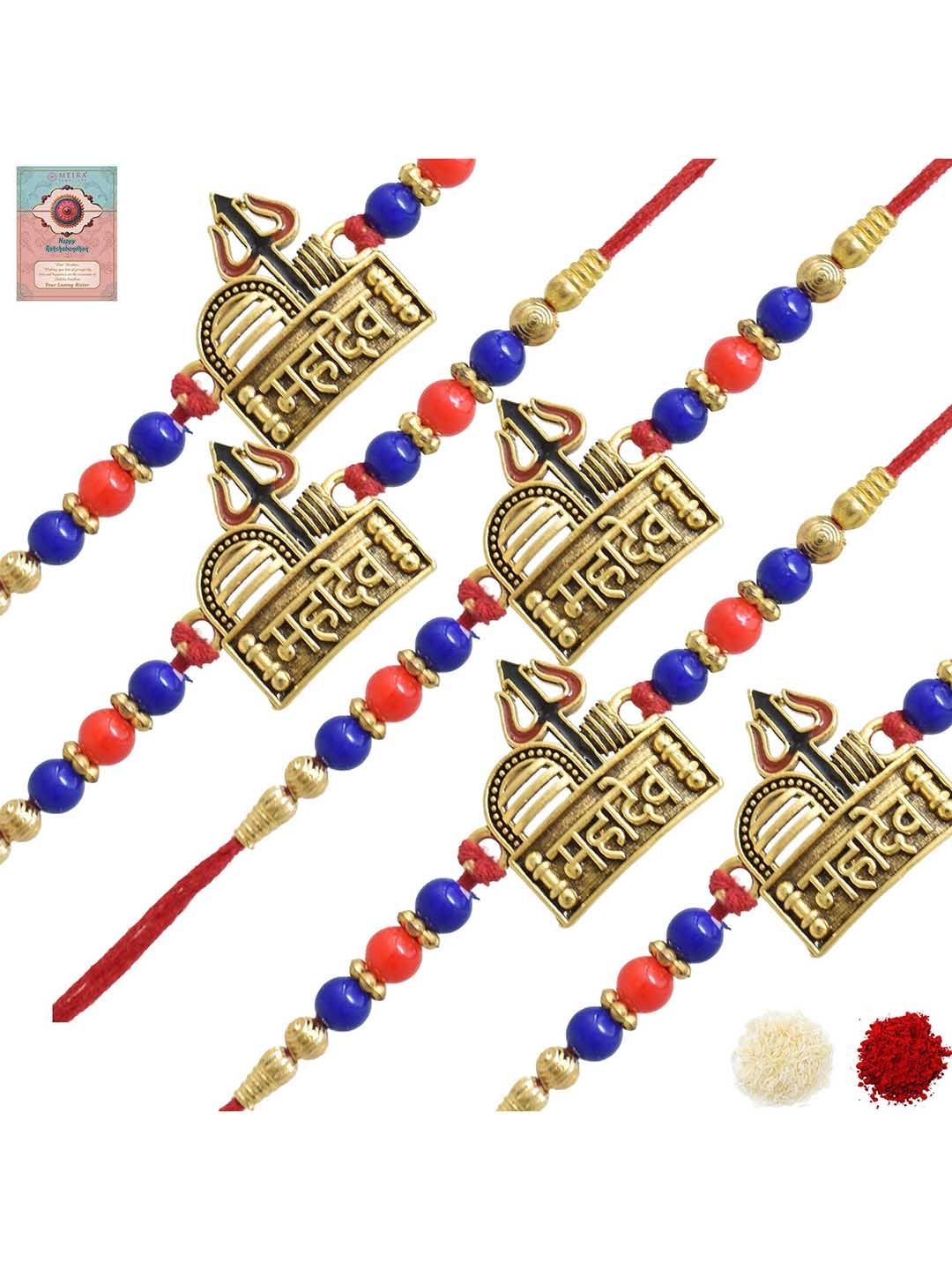 Set Of 5 Beaded Mahadev Rakhis With Greeting Card & Roli Chawal