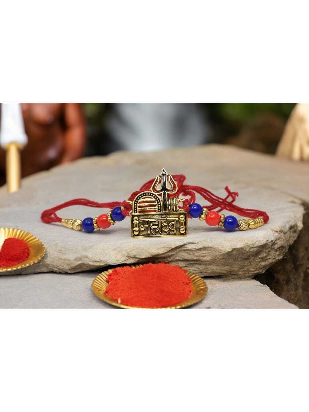Set Of 5 Beaded Mahadev Rakhis With Greeting Card & Roli Chawal - Image 2