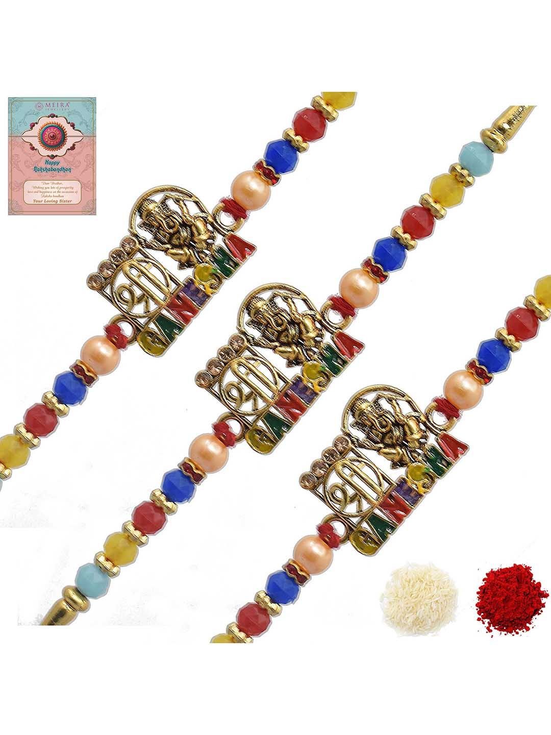 Set Of 3 Designer Rakhis With Greeting Card & Roli Chawal