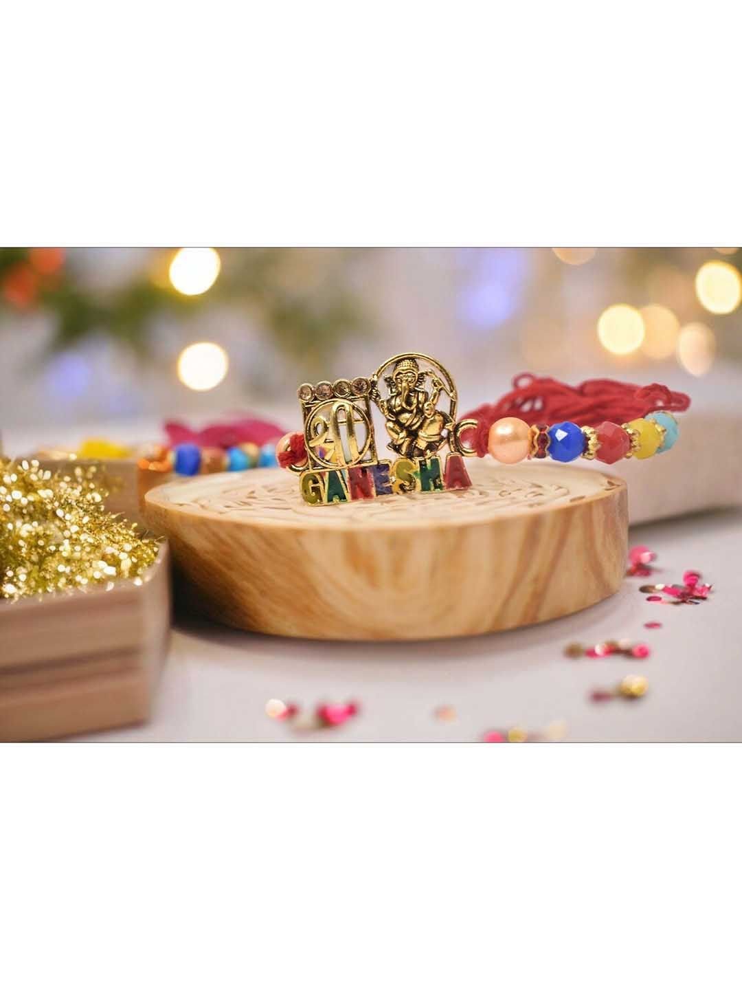 Set Of 3 Designer Rakhis With Greeting Card & Roli Chawal - Image 2