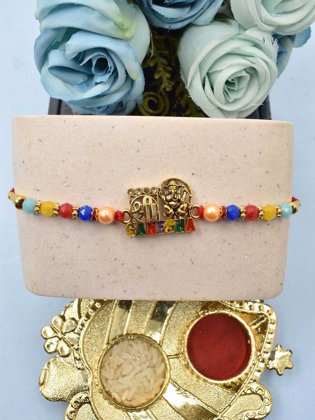 Set Of 3 Designer Rakhis With Greeting Card & Roli Chawal - Image 3