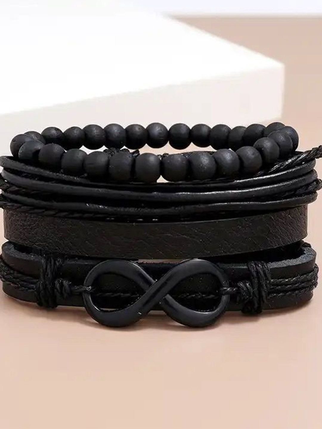 MEENAZ Men Set Of 4 Silver-Plated Artificial Beaded Leather Multistrand Bracelets