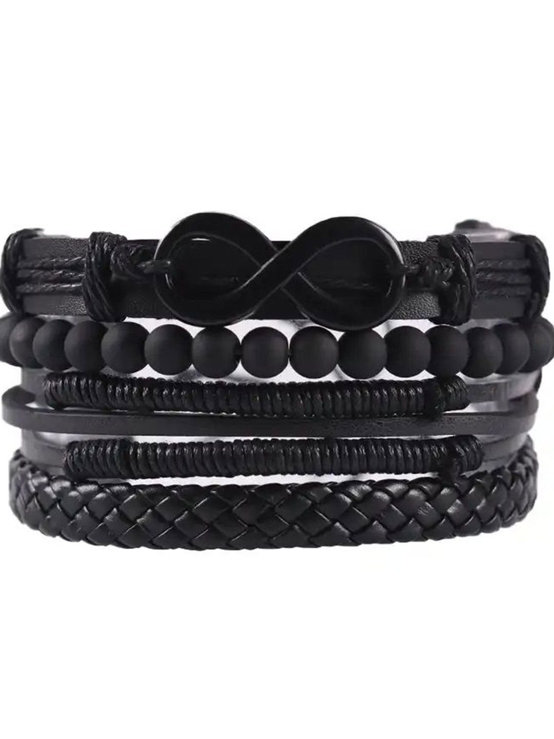 MEENAZ Men Set Of 4 Silver-Plated Artificial Beaded Leather Multistrand Bracelets - Image 2