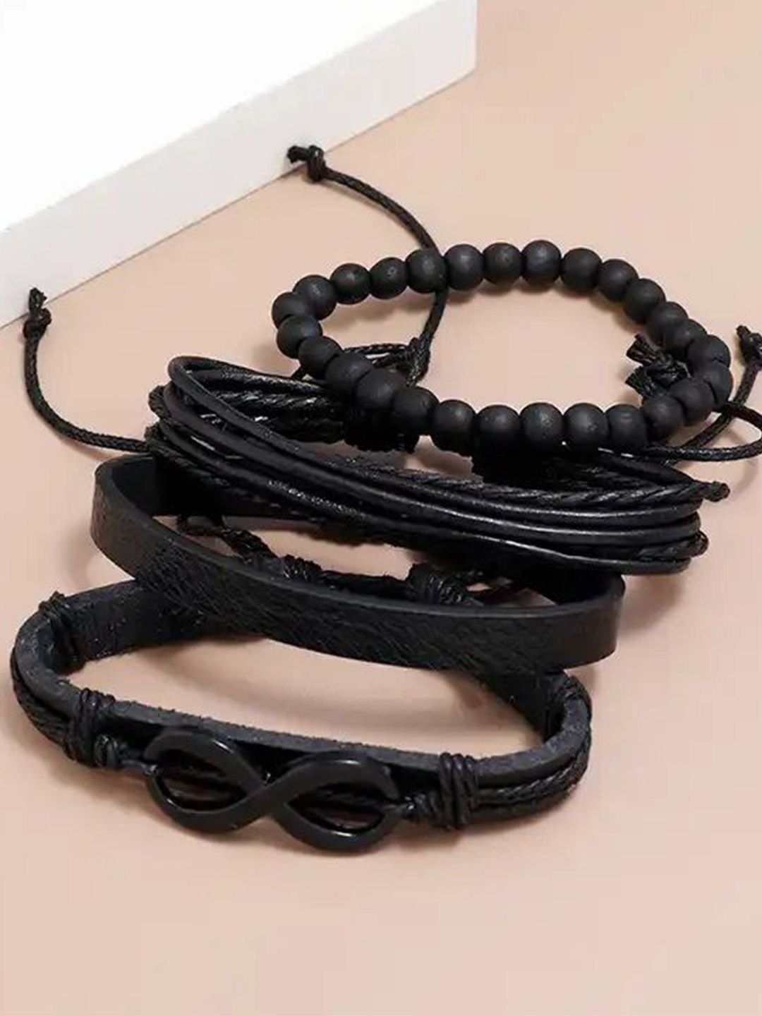 MEENAZ Men Set Of 4 Silver-Plated Artificial Beaded Leather Multistrand Bracelets - Image 3