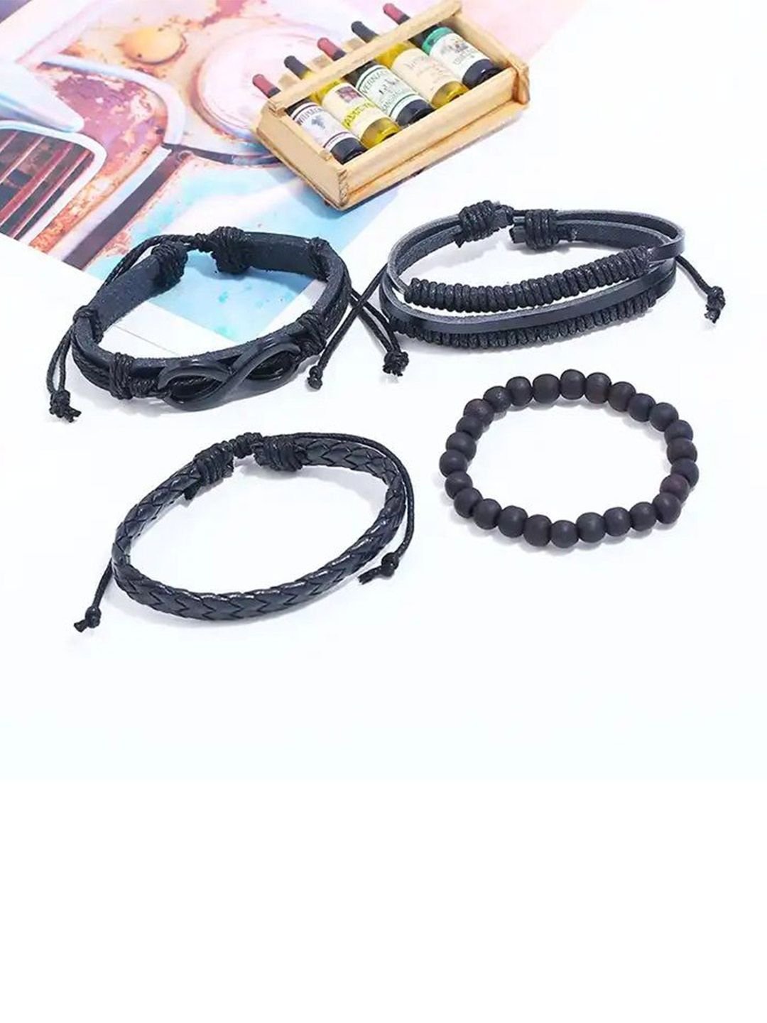 MEENAZ Men Set Of 4 Silver-Plated Artificial Beaded Leather Multistrand Bracelets - Image 4
