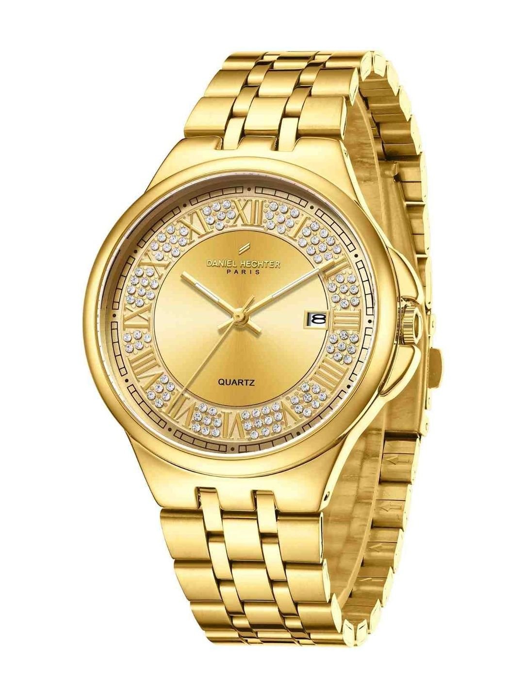 r Daniel Hechter Men Embellished Dial & Stainless Steel Analogue Date Aperture Watch