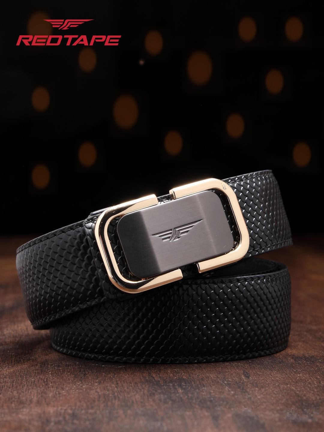Men Black Textured Leather Formal Casual Autolock Belt
