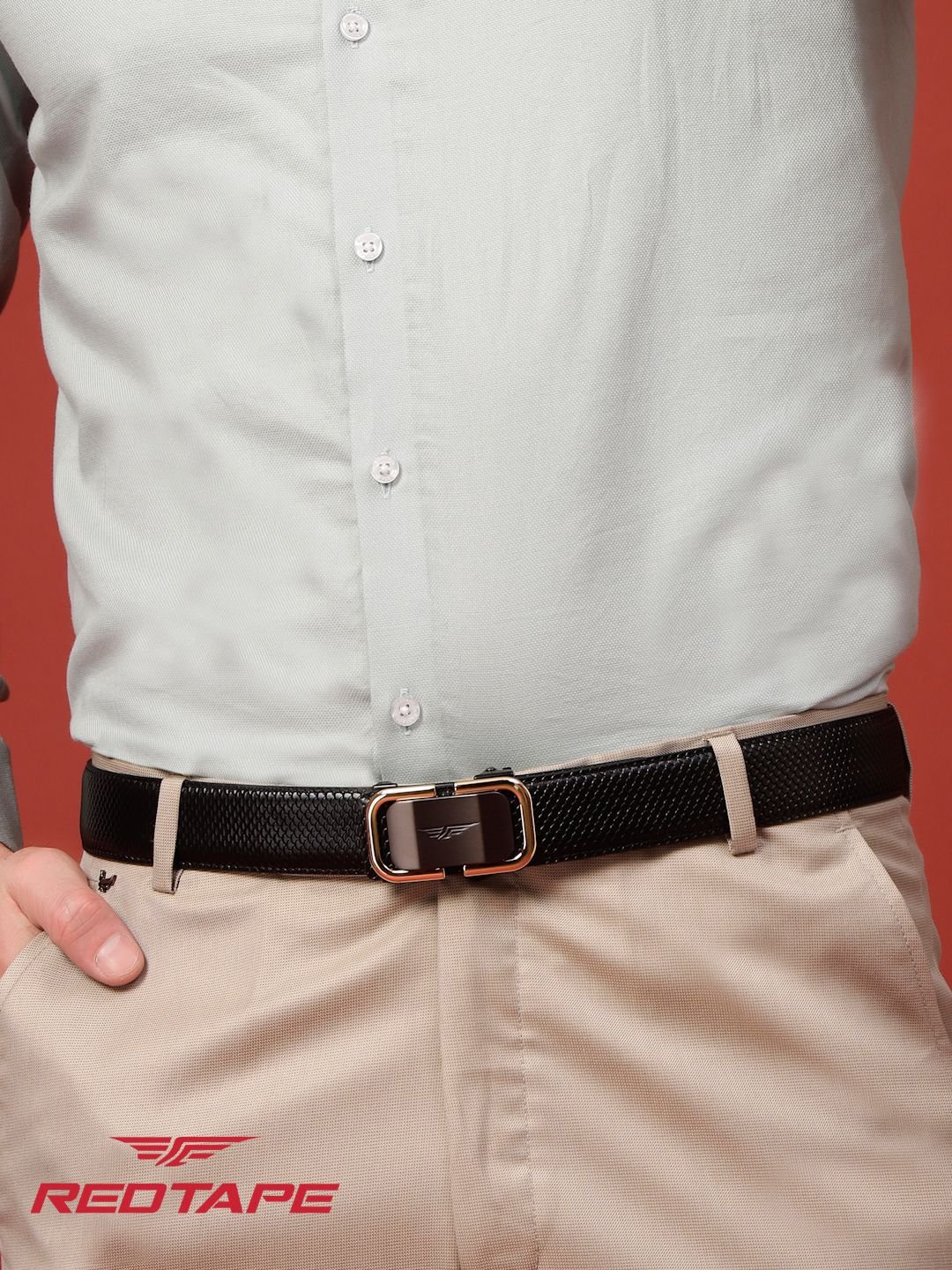 Men Black Textured Leather Formal Casual Autolock Belt - Image 3