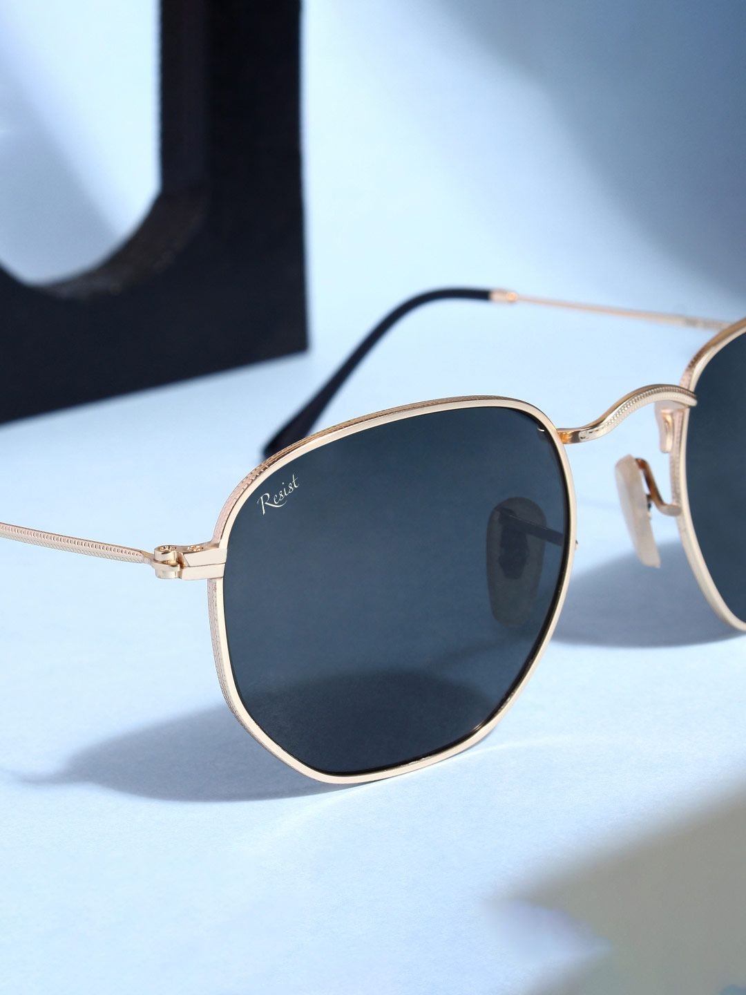 RESIST EYEWEAR UNISEX Gold Black UV Protected Hexagonal Sunglasses - Image 4