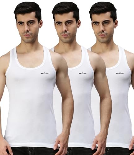 Lux Cozi Men's White Round Neck Sleeveless Cotton Vest (Pack of 3)