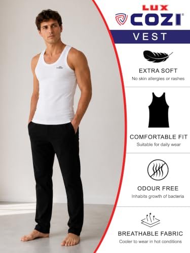 Lux Cozi Men's 100% Cotton Solid White Vest Pack of 3 | Sleeveless Round Neck Banyan for Men | Soft Breathable Cotton Innerwear | Comfortable Regular Fit Undershirt | White Sando Baniyan for Men - Image 4