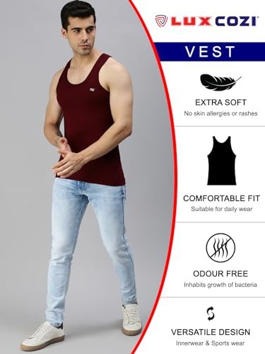 Lux Cozi Men's 100% Cotton Sleeveless Round Neck Regular Fit Vest | Baniyan for Men | Vest for Men Pack of 3 - Image 3
