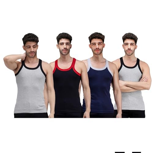 Amul Comfy Men’s Vest | 100% Pure Cotton Rib Fabric | U Neck Sleeveless Innerwear | Ultra Soft Hand Feel | Extremely Stretch Fit | Seamless Comfortable Color May Vary (Pack of 4)