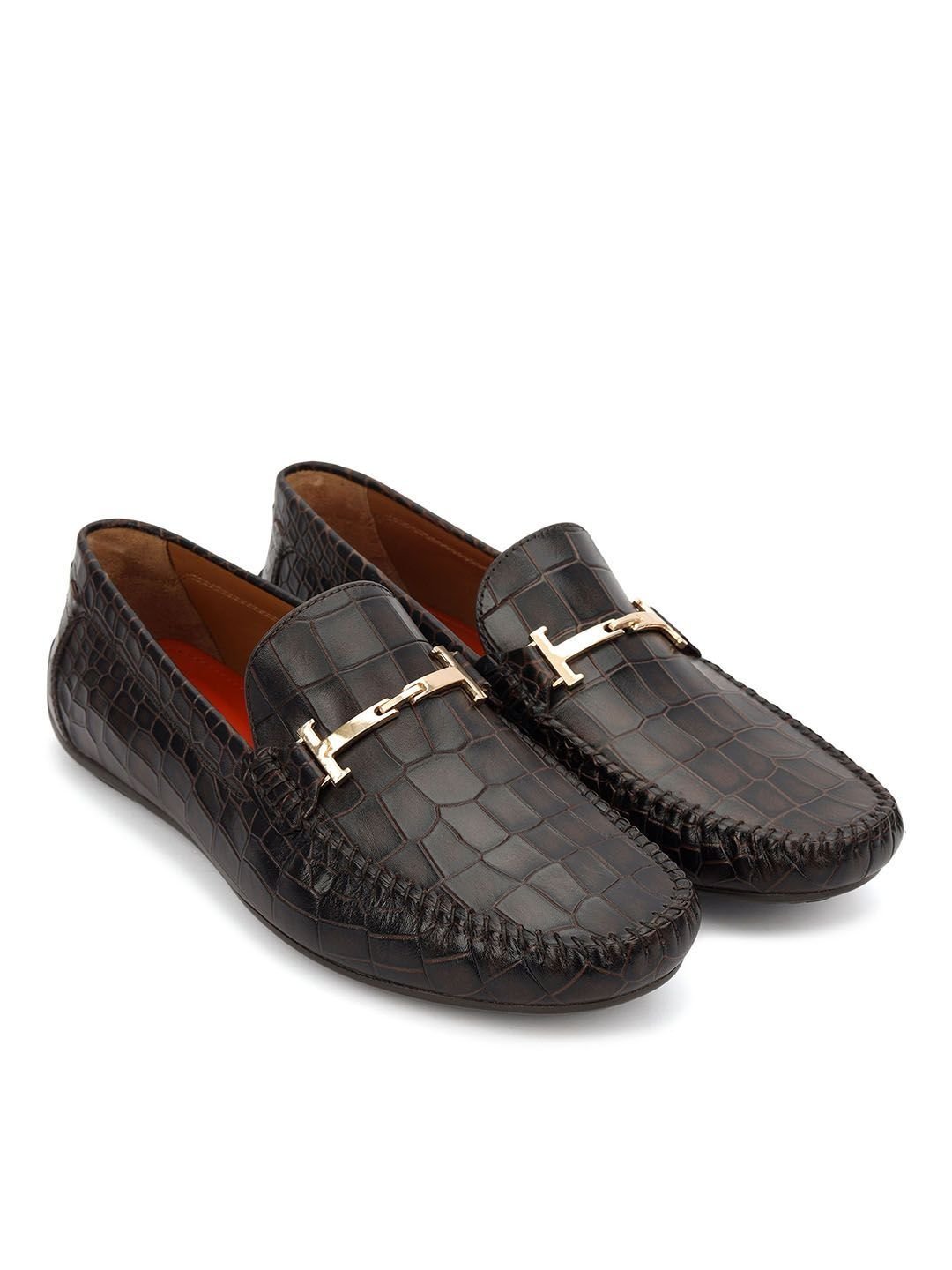 Men Textured Leather Round Toe Slip-On Formal Loafers - Image 2