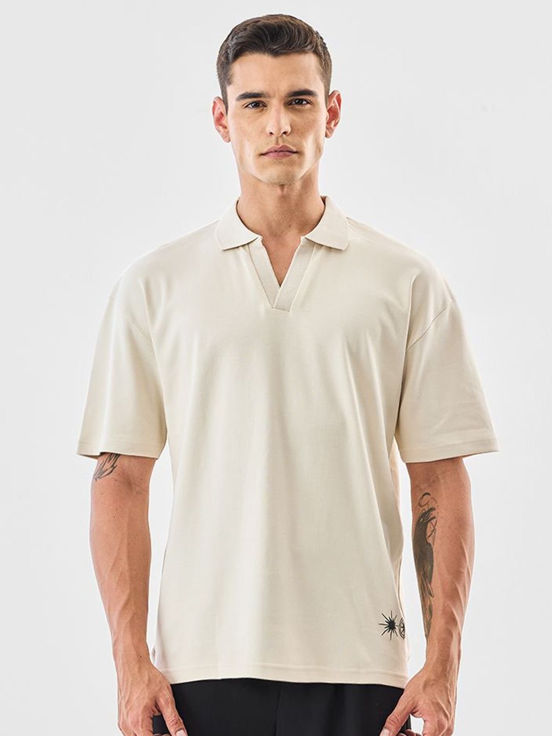 Snitch Men Graphic Printed Polo Collar Pure Cotton Oversized T-shirt - Image 3